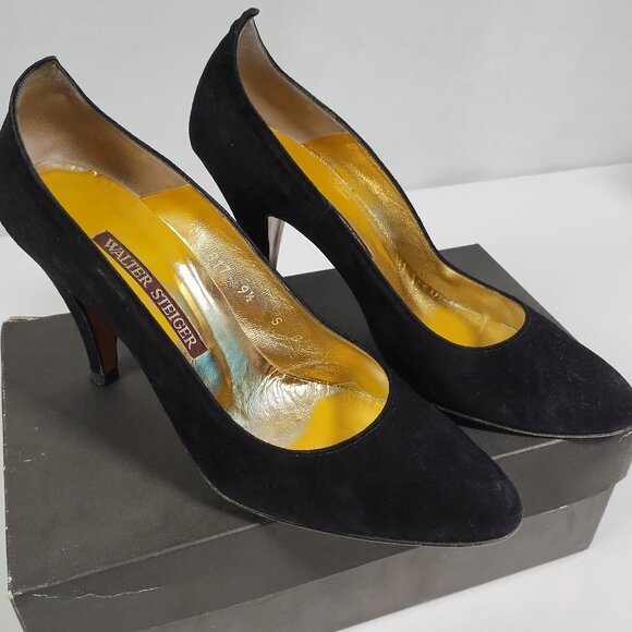 Walter Steiger Heels Vintage Black Dressy Suede Pumps Size 9.5 B - Picture 1 of 11